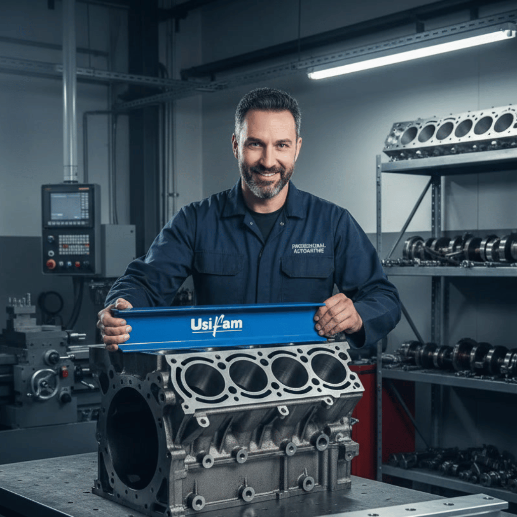 mecânicos profissionais em uma oficina de alta performance utilizando régua de aço e plaina manual USIFAM para retífica de motores.