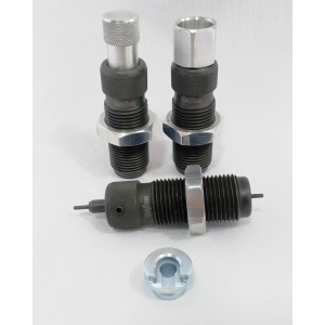 Jogo de 3 dies Usifam acompanhado de Shell Holder padrão Lee em aço carbono.